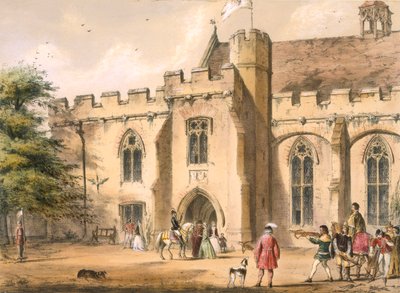 Armbrøstøvelse, Penhurst Place, Kent, i det 17. århundrede, fra "Architecture of the Middle Ages", udgivet i 1838 af Joseph Nash